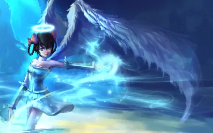 A beautiful anime angel with glowing blue wings and a halo, casting magic in a serene setting. This HD wallpaper adds a captivating touch to any desktop background.