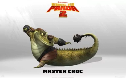 HD PC desktop wallpaper of Master Croc from Kung Fu Panda 2: armored crocodile villain posing with spiked mace, white background, movie logo at top.