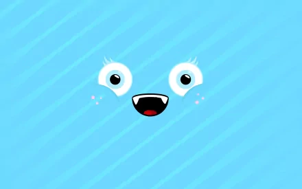 Funny, smiley face with big eyes and a surprised expression on a blue background with diagonal stripes, HD desktop wallpaper.