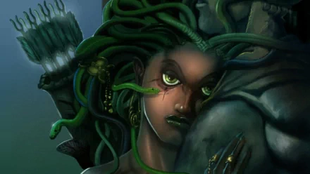 Fantasy Medusa portrait, fierce woman with writhing snake hair, glowing green eyes and a quiver, rendered in HD, PC desktop wallpaper/background.