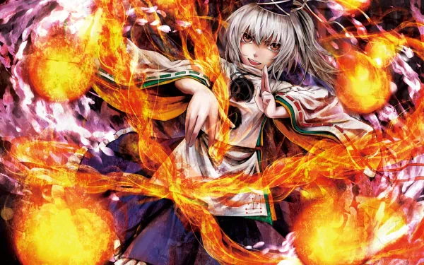 HD anime desktop wallpaper featuring Mononobe No Futo with short pink hair, wearing a hat and pink dress, surrounded by vibrant flames in a dynamic Touhou-themed scene.