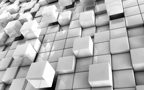 Abstract geometric design featuring a multitude of white cubes in a dynamic arrangement. This HD wallpaper creates a modern and minimalist backdrop for desktop use.