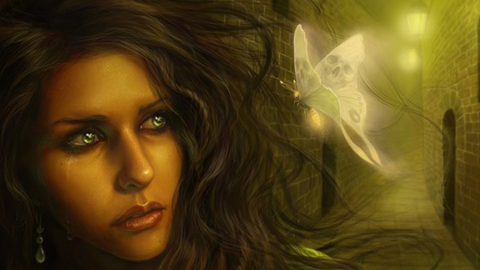 A fantasy-themed HD desktop wallpaper featuring a woman with captivating eyes and flowing hair, set against a mystical background with a glowing butterfly.