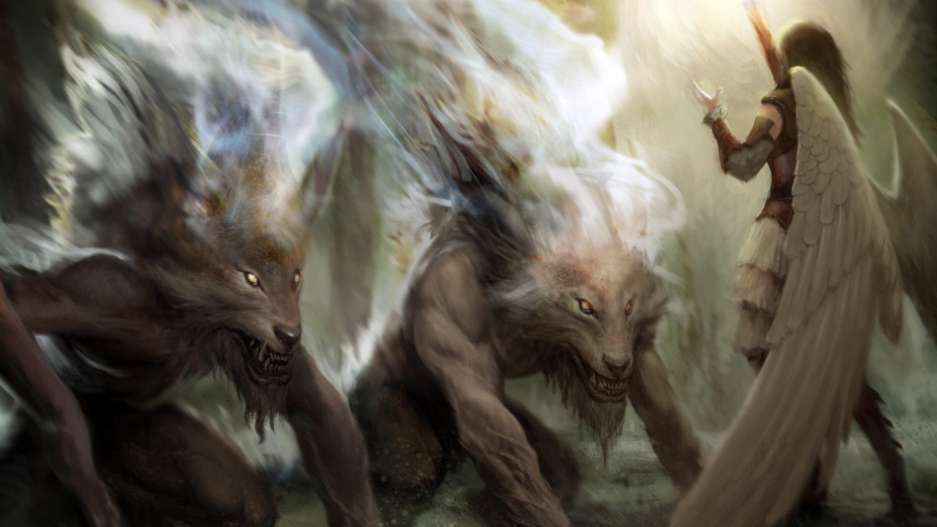 HD fantasy PC wallpaper depicting a winged angel confronting two fierce, snarling wolf-like creatures in a misty, ethereal forest setting.
