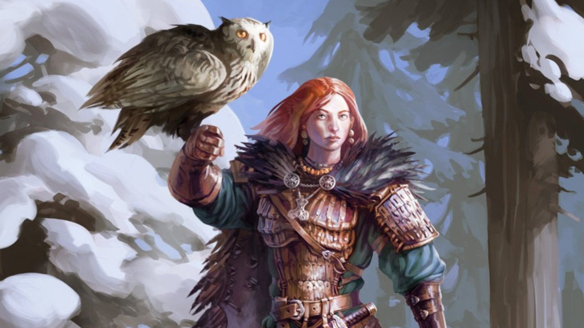 Fantasy-themed HD PC desktop wallpaper featuring a woman warrior in detailed armor holding a large owl in a snowy forest setting.
