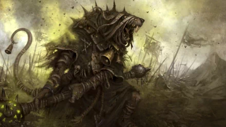 HD PC desktop wallpaper of a fierce Skaven warrior from the Warhammer video game, clad in spiked armor and wielding a mace amidst a dark, war-torn landscape.