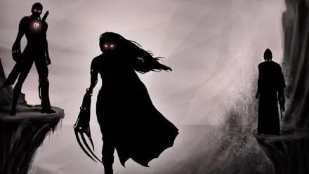 A dark fantasy scene featuring shadowy figures standing on cliff edges, with glowing eyes and dramatic silhouettes, creating an atmospheric and intriguing HD desktop wallpaper.