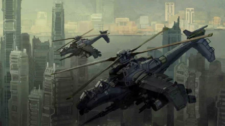 Futuristic sci-fi aircraft hover over a sprawling urban cityscape, rendered in high-definition for a PC desktop wallpaper and background.