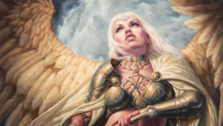 HD fantasy desktop wallpaper depicting a powerful angelic figure with golden wings and armor, gazing upward beneath a cloudy sky.