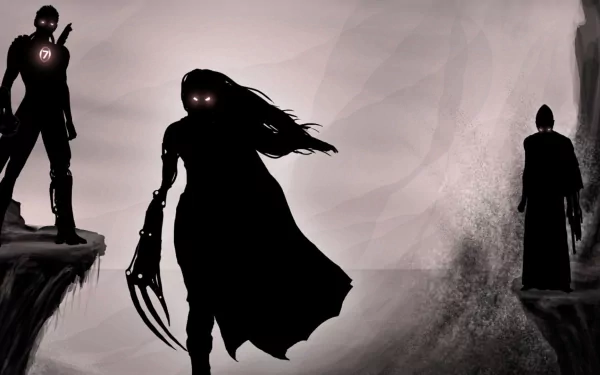 A dark fantasy scene featuring shadowy figures standing on cliff edges, with glowing eyes and dramatic silhouettes, creating an atmospheric and intriguing HD desktop wallpaper.