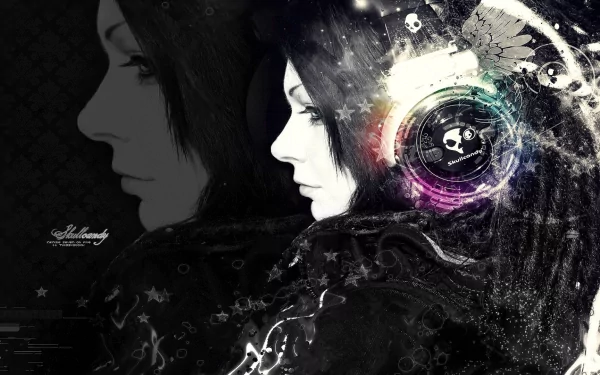 A striking HD wallpaper featuring a profile of a woman with long hair, wearing Skullcandy headphones, surrounded by colorful musical elements and abstract designs.