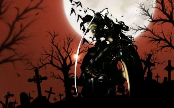 HD anime wallpaper featuring Vampire Hunter D against a full moon with bats, surrounded by eerie trees and grave markers, creating a dark and atmospheric background.