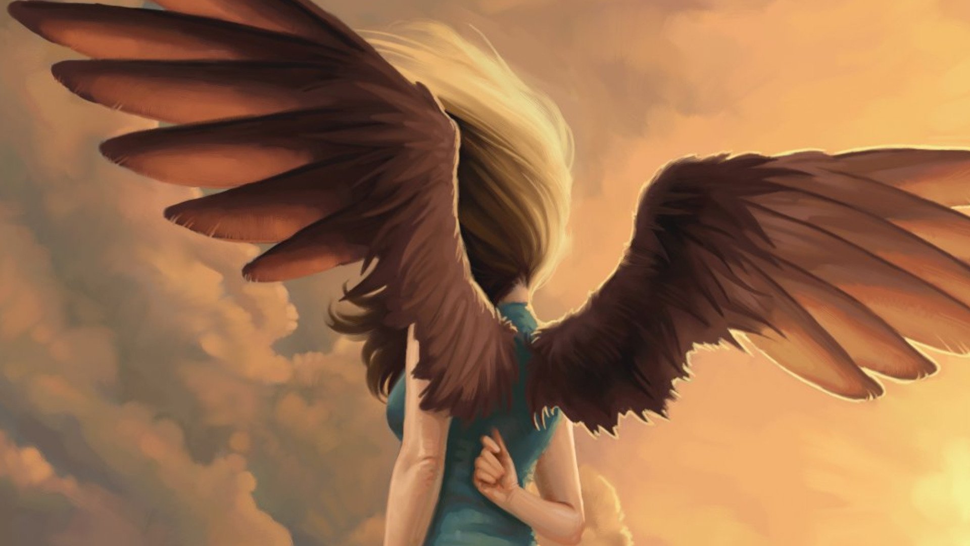 HD fantasy desktop wallpaper depicting an angel with large, dark wings embracing a person against a warm, cloudy sky backdrop.