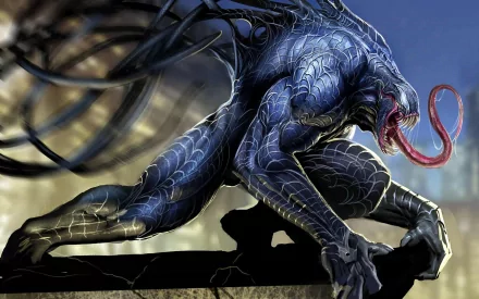 HD desktop wallpaper featuring a dynamic comic illustration of Venom, a character from the Spider-Man series, showing him poised and ready to attack against a cityscape background.