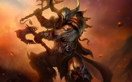 A powerful Barbarian from Diablo III stands ready for battle, wielding an axe amidst a fiery backdrop, showcasing the epic art style of the video game. HD PC desktop wallpaper.