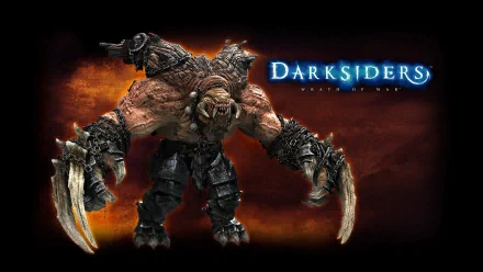Wrath of War monster from Darksiders: massive, armored blade-clawed creature looming against a fiery sky — HD PC desktop wallpaper background.