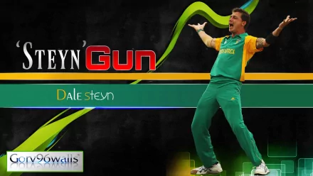 HD desktop wallpaper featuring a cricket player in green and yellow attire, tagged Steyn Gun, celebrating with arms raised. The design includes dynamic lines and vibrant colors.