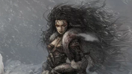 HD fantasy PC wallpaper of a fierce woman with flowing dark hair and battle-worn armor, set against a stormy, snow-filled background.