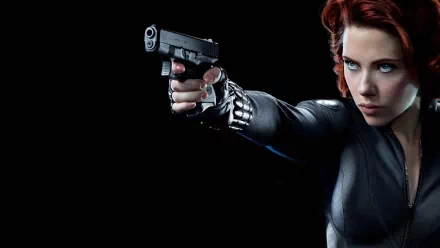 Scarlett Johansson as Black Widow, showcasing her iconic look from the Avengers movies, aiming a gun against a dark backdrop in this HD wallpaper.