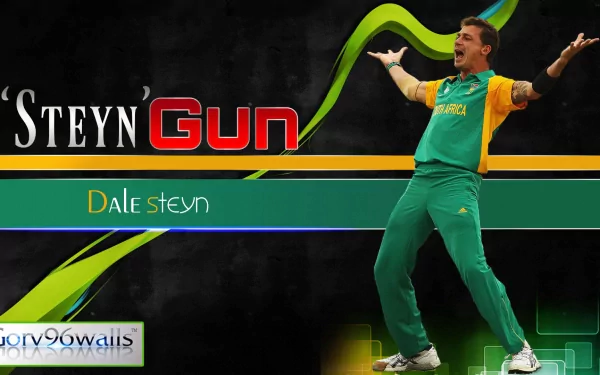 HD desktop wallpaper featuring a cricket player in green and yellow attire, tagged Steyn Gun, celebrating with arms raised. The design includes dynamic lines and vibrant colors.