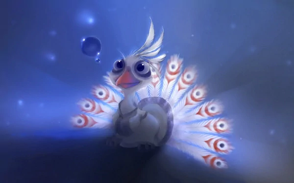 A cute, artistic representation of a blue peacock with playful features, surrounded by soft hues, creating a captivating HD desktop wallpaper.