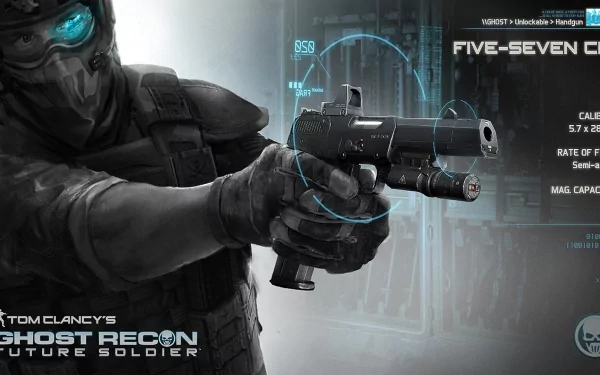 HD PC desktop wallpaper from the video game Tom Clancy's Ghost Recon: Future Soldier, featuring a futuristic soldier aiming a handgun with digital HUD elements.