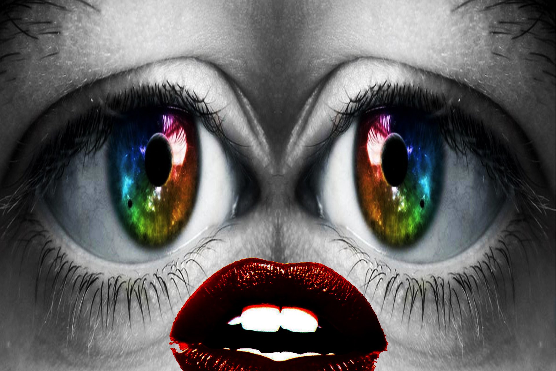 Artistic, funny face with oversized rainbow eyes and bold red lips on grayscale skin — HD PC desktop wallpaper background.