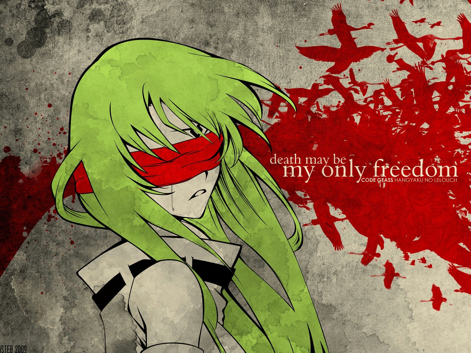 C.C. from Code Geass is depicted in this HD wallpaper, featuring her with green hair and a red blindfold against a dramatic background, conveying a powerful message about freedom.