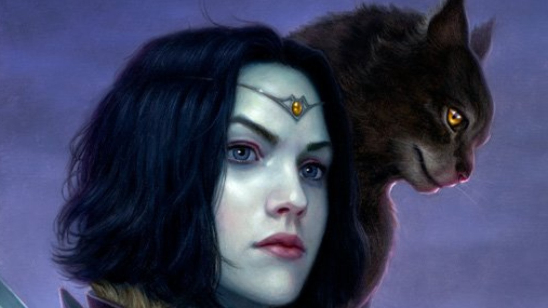 A captivating fantasy-themed HD wallpaper featuring a woman with striking features and a mysterious cat-like creature, set against a mystical backdrop.