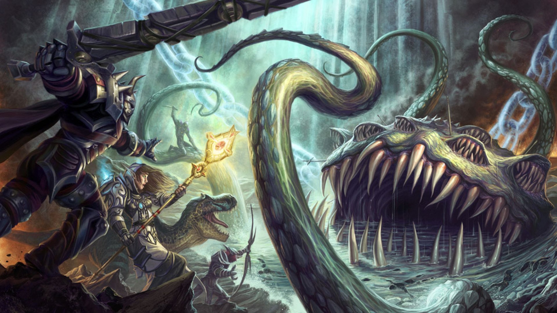 A fantasy HD PC desktop wallpaper featuring armored warriors confronting a colossal sea monster with massive tentacles and sharp teeth in a dark, mystical underwater setting.