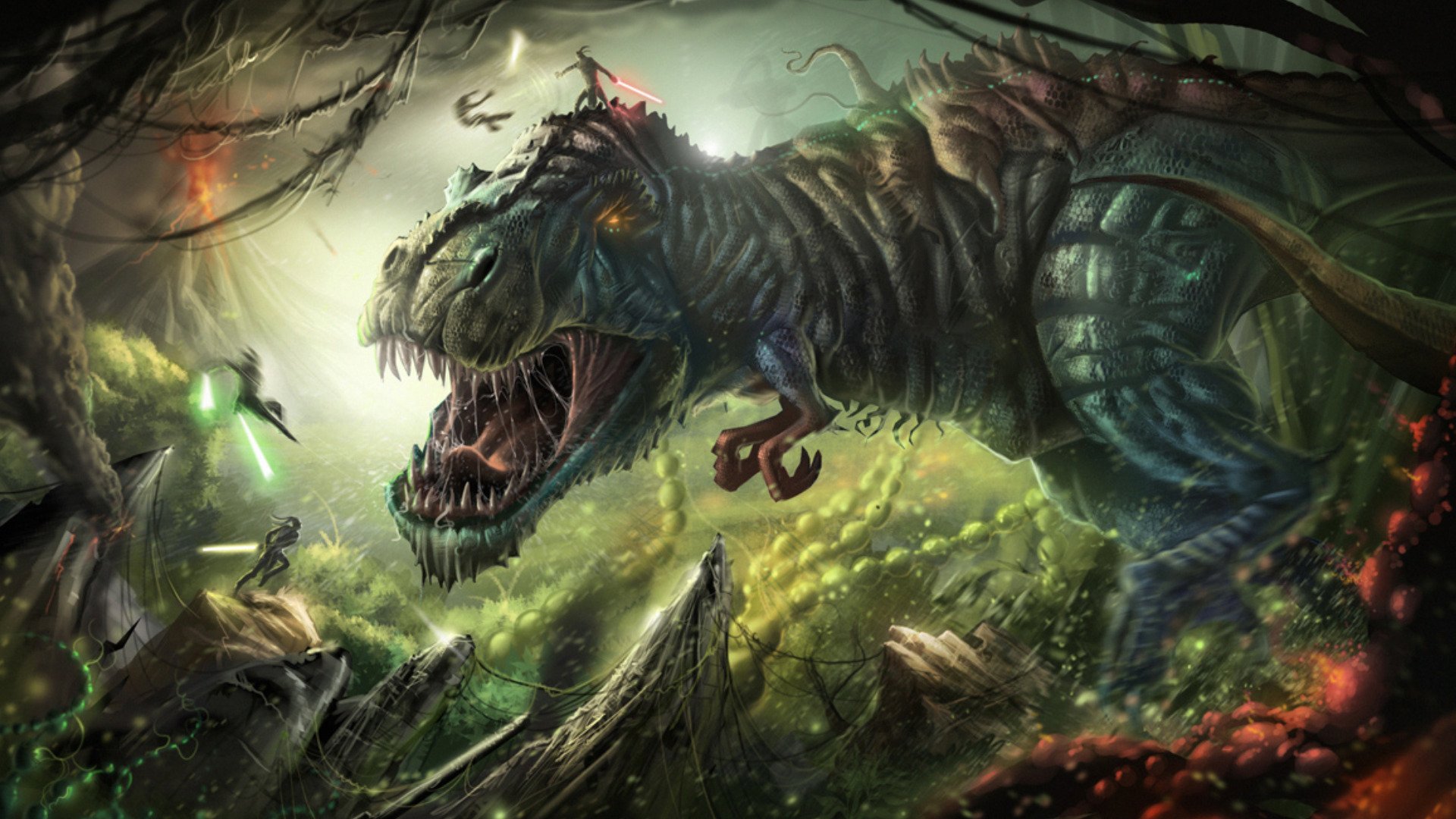 HD PC desktop wallpaper depicting an intense sci-fi battle scene featuring a giant futuristic dinosaur amid a smoky, chaotic environment.
