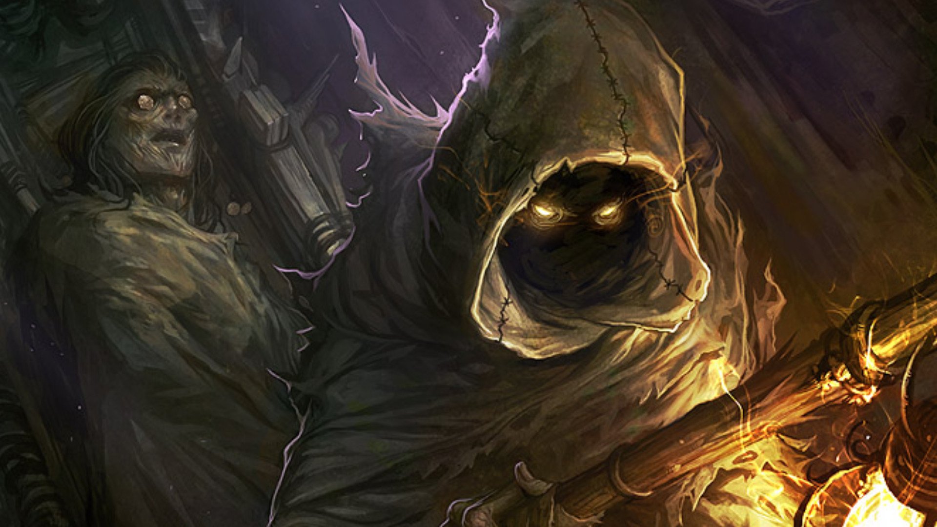 A dark fantasy scene featuring cloaked figures with glowing eyes, set against a moody backdrop, creating an atmosphere of mystery and intrigue. HD wallpaper for a captivating desktop background.