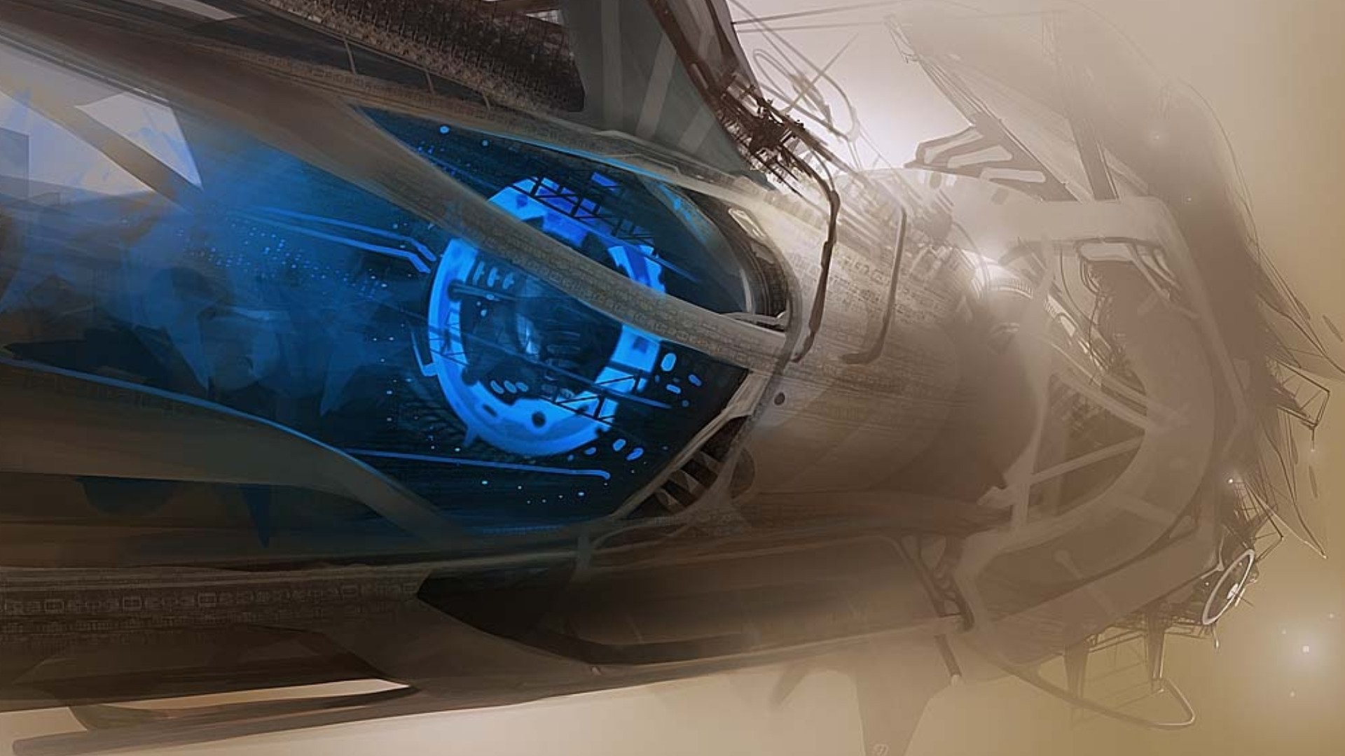 HD sci-fi desktop wallpaper featuring a detailed spaceship interior with glowing blue elements and futuristic design elements.