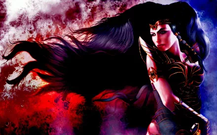 HD fantasy PC desktop wallpaper featuring a powerful female superhero with flowing dark hair and intricate armor against a dramatic red and purple smoky background.