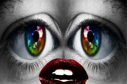 Artistic, funny face with oversized rainbow eyes and bold red lips on grayscale skin — HD PC desktop wallpaper background.