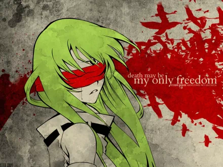 C.C. from Code Geass is depicted in this HD wallpaper, featuring her with green hair and a red blindfold against a dramatic background, conveying a powerful message about freedom.