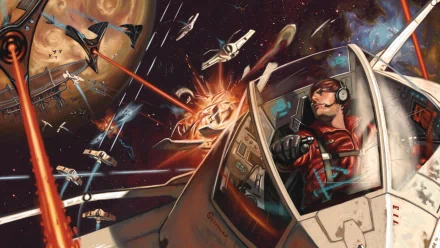 A dynamic sci-fi battle scene featuring a pilot in an advanced spacecraft, engaging in intense space combat among various starships against a cosmic backdrop. HD desktop wallpaper.