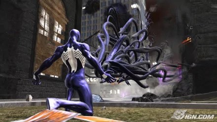 HD PC wallpaper featuring Spider-Man in his black suit with symbiote tentacles from the video game Spider-Man: Web of Shadows, set in a dark urban environment.