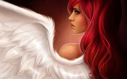 HD desktop wallpaper featuring a fantasy angel with vibrant red hair and long, flowing locks, adorned with magnificent white wings. The background adds depth to the captivating fantasy artwork.