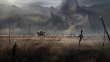 A high-definition desktop wallpaper depicting a fantasy warrior in a misty battlefield, surrounded by towering mountains and scattered weapons. The image exudes a captivating and dramatic fantasy atmosphere.