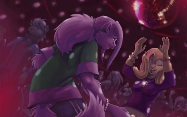 A vibrant HD wallpaper featuring anthropomorphic furry characters dancing at a lively party, set against a backdrop of shimmering lights and a disco ball, embodying an original anime style.