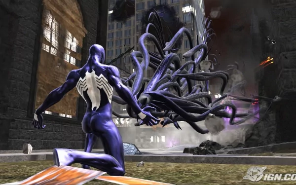 HD PC wallpaper featuring Spider-Man in his black suit with symbiote tentacles from the video game Spider-Man: Web of Shadows, set in a dark urban environment.