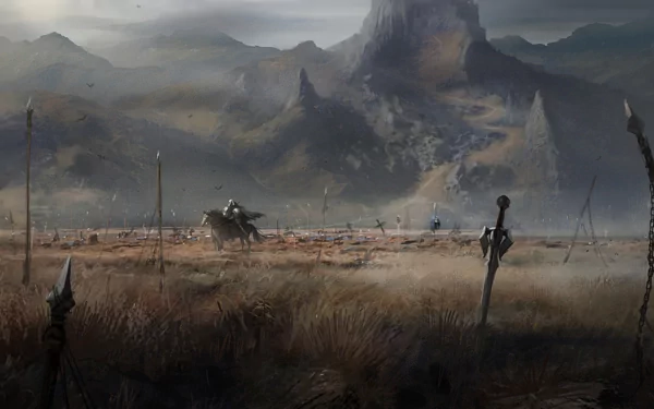 A high-definition desktop wallpaper depicting a fantasy warrior in a misty battlefield, surrounded by towering mountains and scattered weapons. The image exudes a captivating and dramatic fantasy atmosphere.