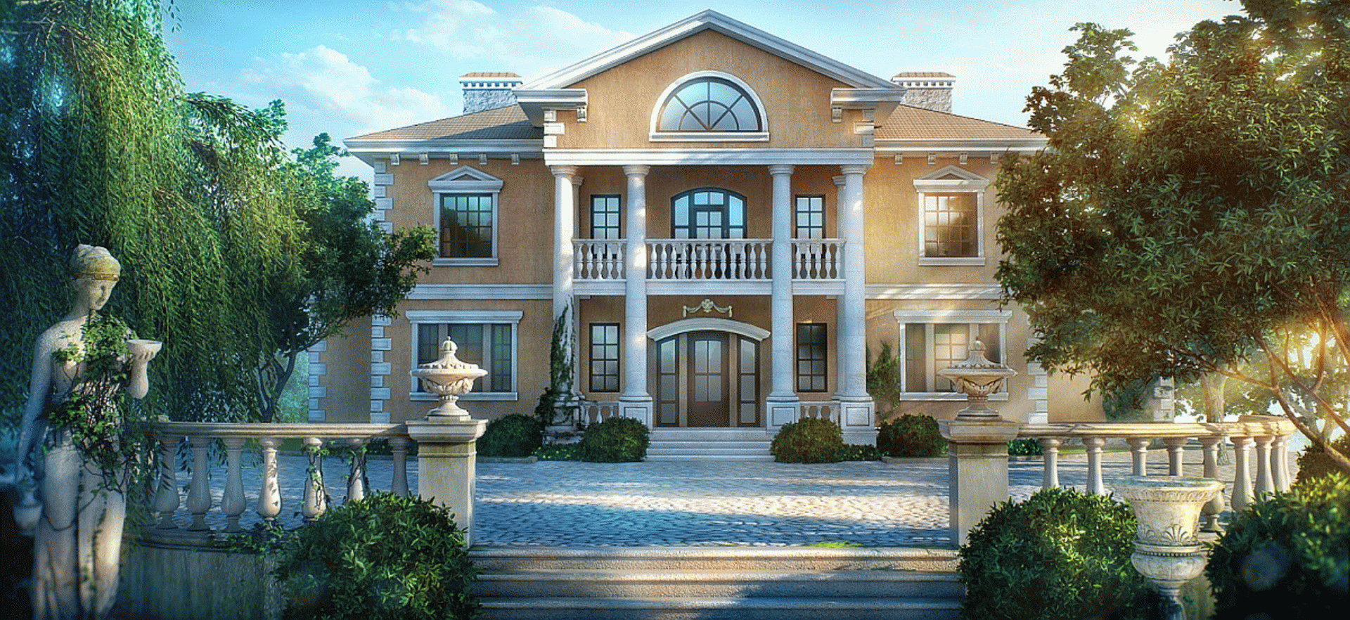 HD desktop wallpaper featuring a grand man-made house with classical architecture, surrounded by greenery under a bright blue sky.