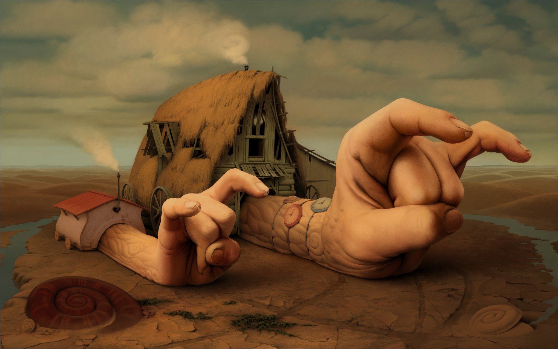 Artistic 2K Quad HD PC desktop wallpaper and background: surreal cracked landscape where a thatched house morphs into giant human arms and hands reaching under a moody sky.