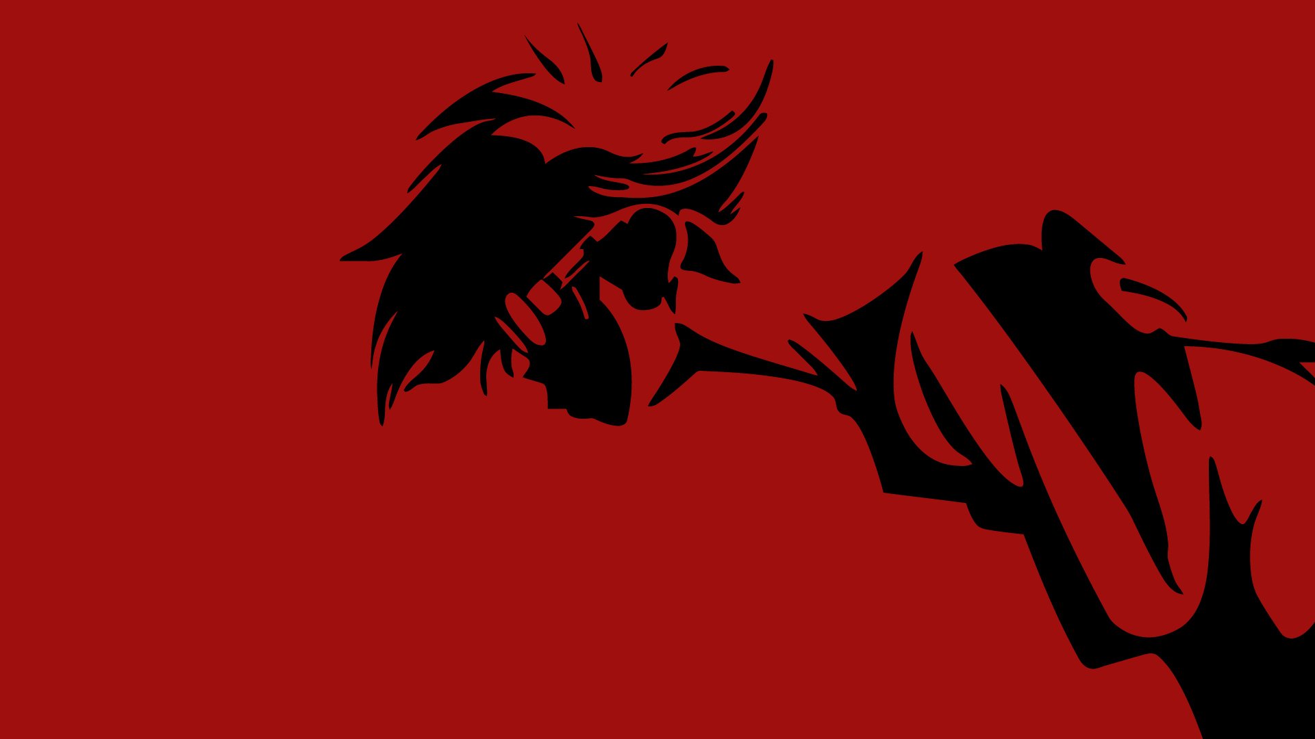 Anime-themed HD PC desktop wallpaper featuring a striking black silhouette of Spike Spiegel from Cowboy Bebop against a bold red background.