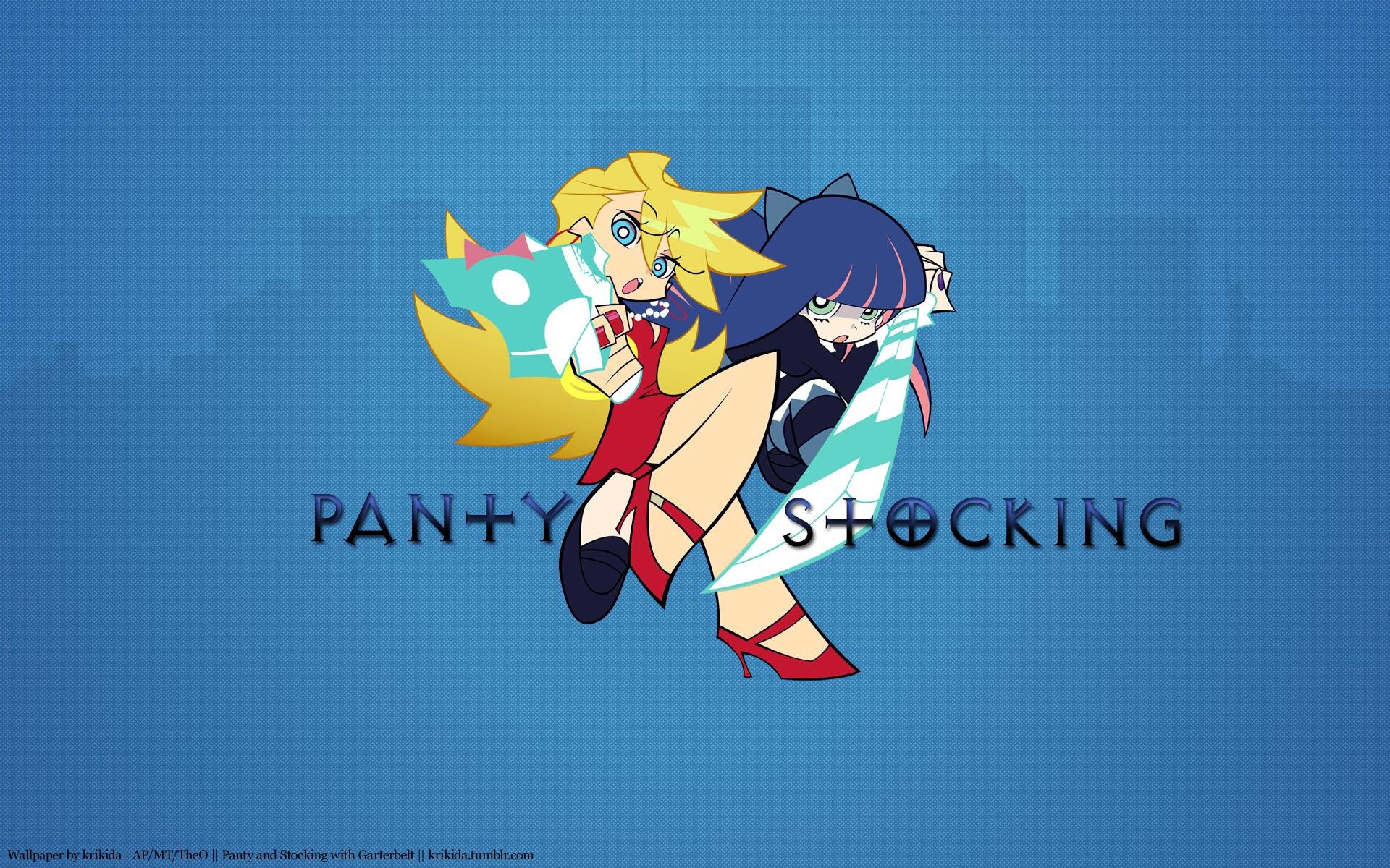 HD PC desktop wallpaper of Panty & Stocking with Garterbelt anime: Panty Anarchy and Stocking Anarchy back-to-back with series logo over a blue city silhouette.