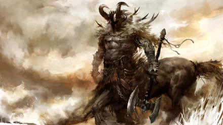 Fantasy HD PC desktop wallpaper featuring a powerful centaur warrior with a horned helmet, holding a battle axe amidst a stormy, dramatic background.