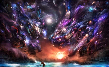 A stunning fantasy scene featuring vibrant cosmic colors and intricate designs, depicting a lone figure against a dramatic backdrop of swirling galaxies and mystical creatures. HD artistic wallpaper.