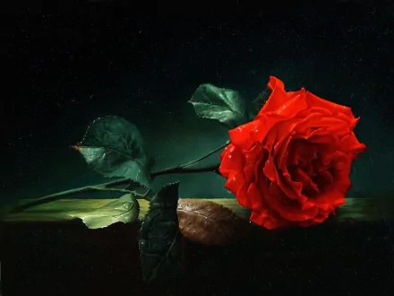 Artistic HD desktop wallpaper featuring a vivid red rose with green leaves against a dark, moody background.